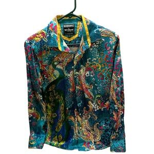 Barabas Men’s  Teal Paisley Casual Button Down with Rhinestones  Shirt S